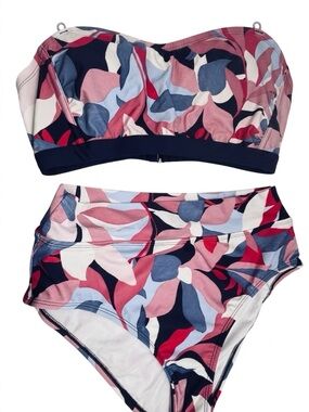Kona Sol Abstract Floral Bikini Set High Waist Bottoms L Halter Bandeau Top XL